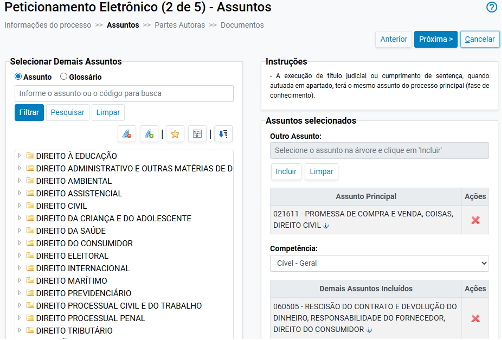 Selecionar assunto secundário